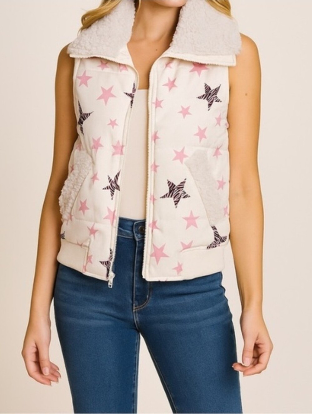 Umgee Women's Cream Sherpa-Lined Puffer Vest - Pink Stars